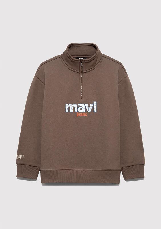 MAVİ BASKILI YARI FERMUARLI SWEATSHIRT Erkek Çocuk Kahverengi Sweatshirt - M6S10151