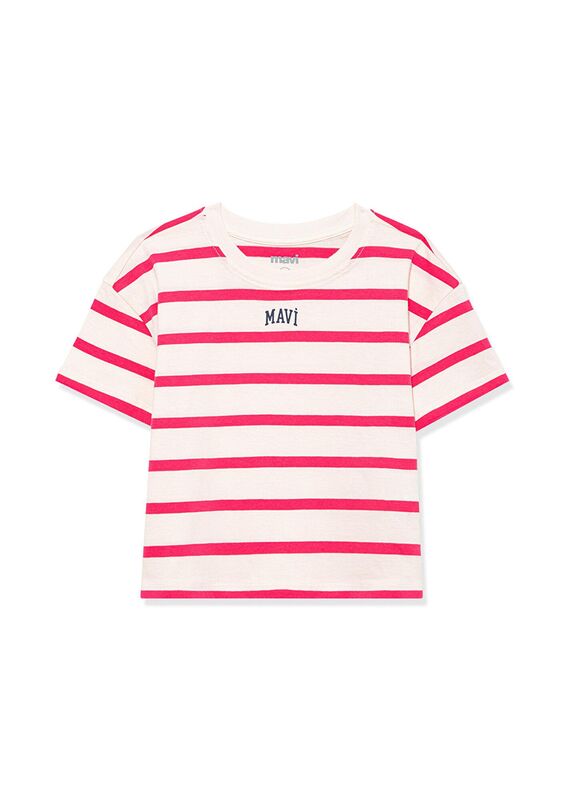 MAVİ LOGO BASKILI ÇİZGİLİ CROP TİŞÖRT Kız Çocuk Pembe T-Shirt - M7610182