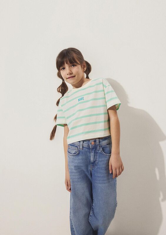 MAVİ LOGO BASKILI ÇİZGİLİ CROP TİŞÖRT Kız Çocuk Yeşil T-Shirt - M7610182