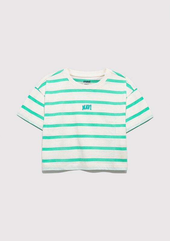 MAVİ LOGO BASKILI ÇİZGİLİ CROP TİŞÖRT Kız Çocuk Yeşil T-Shirt - M7610182