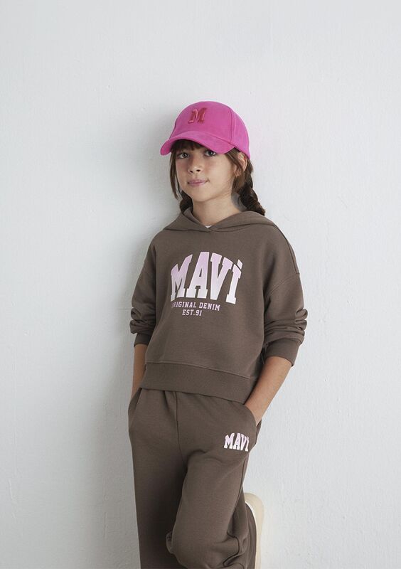 MAVİ LOGO BASKILI KAPÜŞONLU CROP SWEATSH Kız Çocuk Kahverengi Sweatshirt - M7S10124