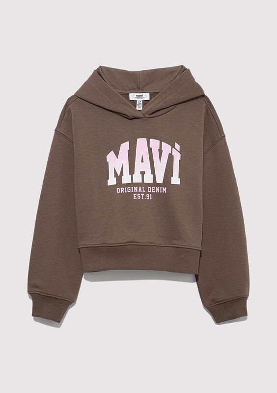 MAVİ LOGO BASKILI KAPÜŞONLU CROP SWEATSH Kız Çocuk Kahverengi Sweatshirt - M7S10124