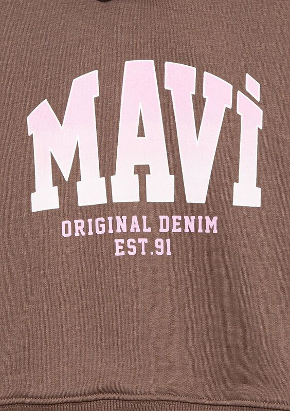 MAVİ LOGO BASKILI KAPÜŞONLU CROP SWEATSH Kız Çocuk Kahverengi Sweatshirt - M7S10124