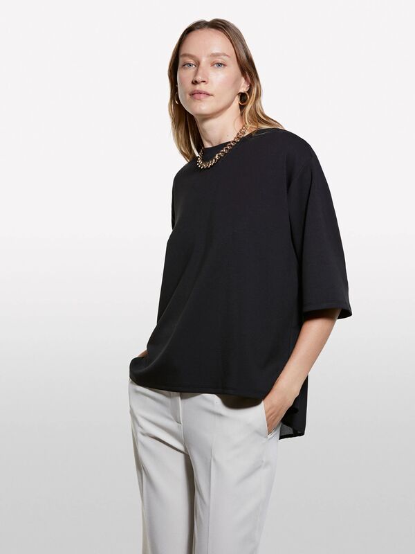 Modal Karışımlı Asimetrik Boxy Fit T-Shirt Kadın Siyah T-Shirt - 325A3JTHL1080