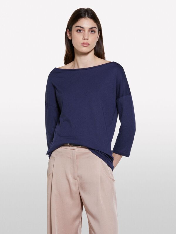 Modal Karışımlı Kayık Yaka Regular Fit T-Shirt Kadın LACİVERT T-Shirt - 325P3QU4L12EE