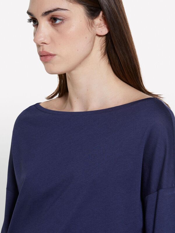 Sisley - Modal Karışımlı Kayık Yaka Regular Fit T-Shirt Kadın LACİVERT T-Shirt - 325P3QU4L12EE