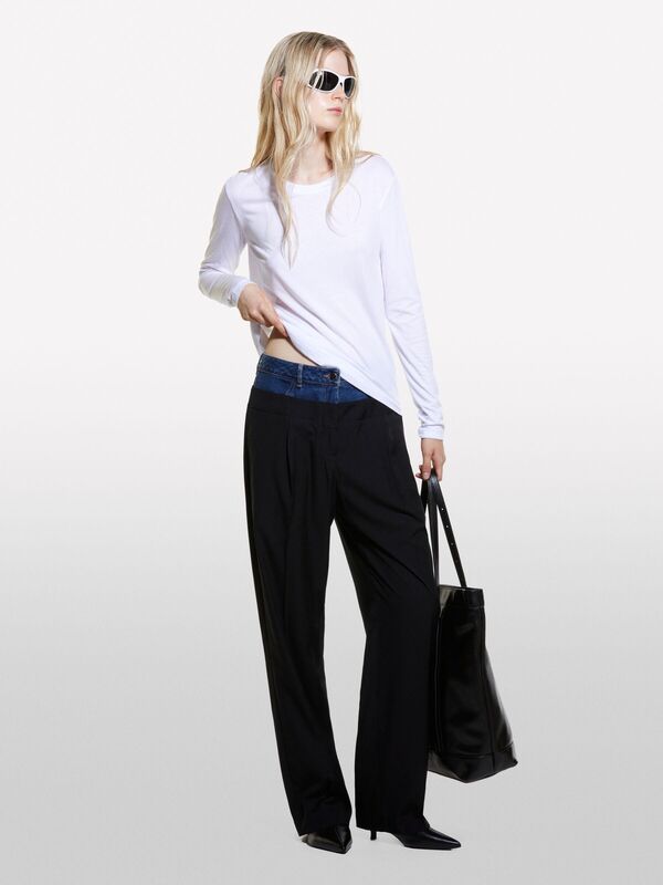 Modal Karışımlı Regular Fit Uzun Kollu T-Shirt Kadın Beyaz T-Shirt - 324A3QU4L102Y