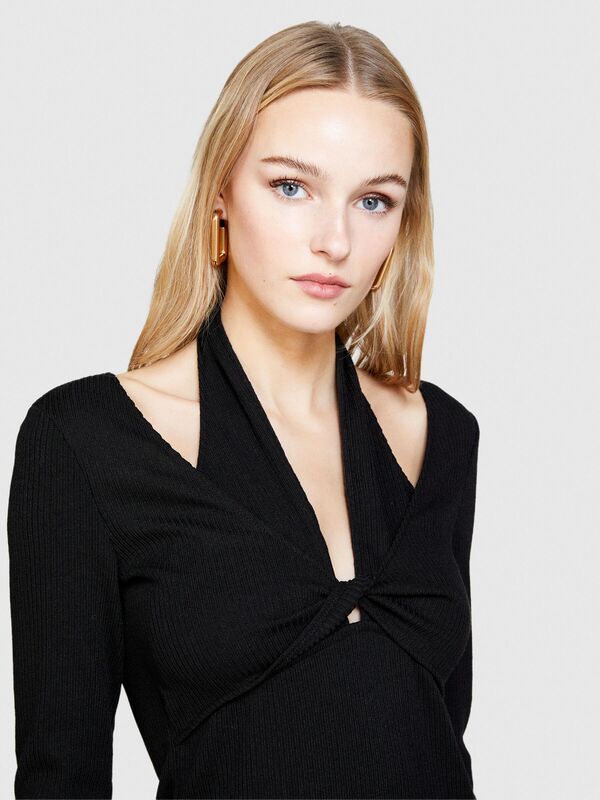 Omuzları ve Önü Detaylı Uzun Kollu Elbise Kadın Siyah Elbise - 324P4UVTLV05D