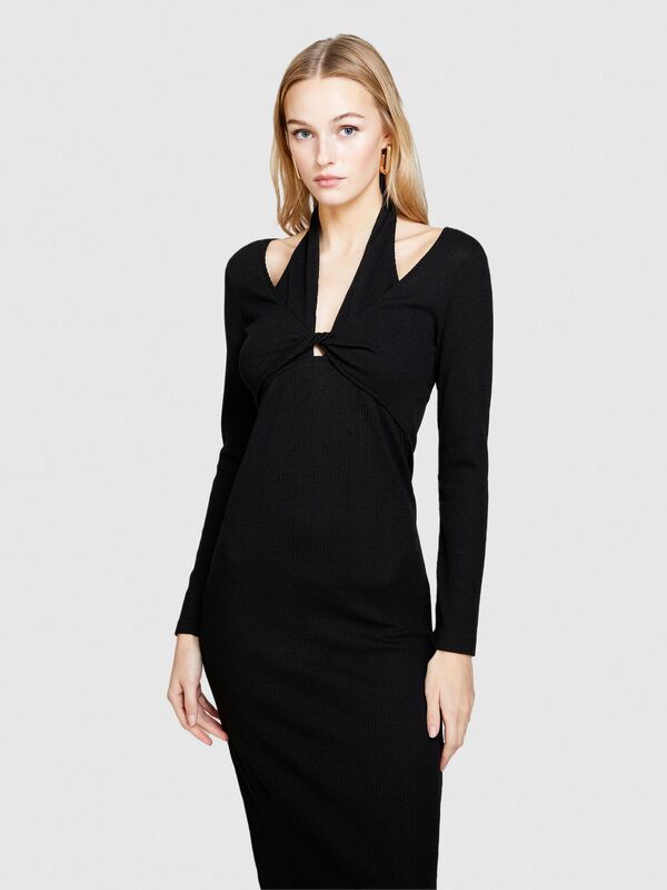 Omuzları ve Önü Detaylı Uzun Kollu Elbise Kadın Siyah Elbise - 324P4UVTLV05D