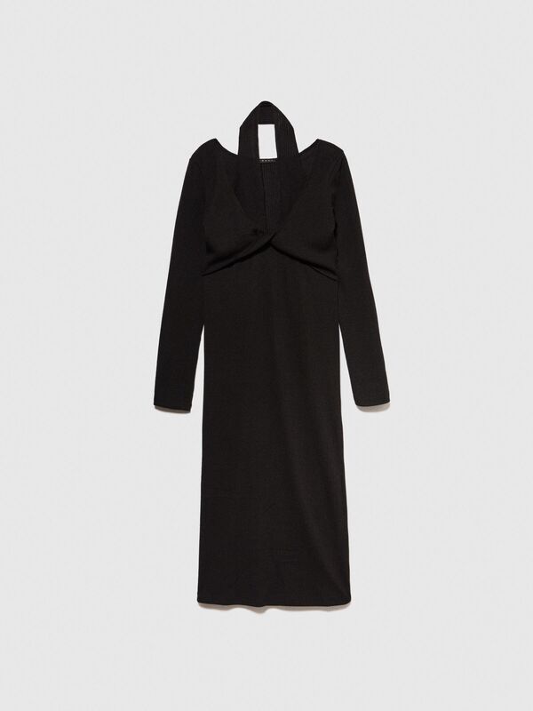 Omuzları ve Önü Detaylı Uzun Kollu Elbise Kadın Siyah Elbise - 324P4UVTLV05D