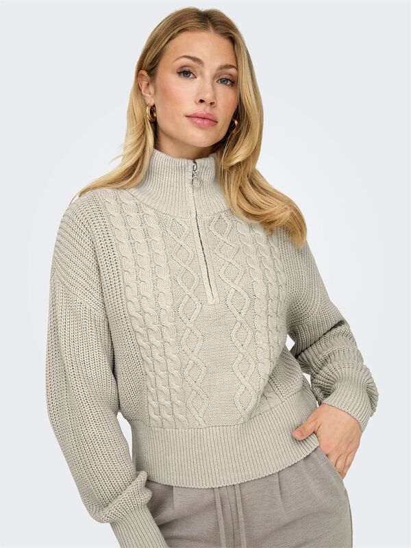 ONLDORITTA LS CABLE ZIP HIG NECK KNT Kadın Bej Kazak - 15306911