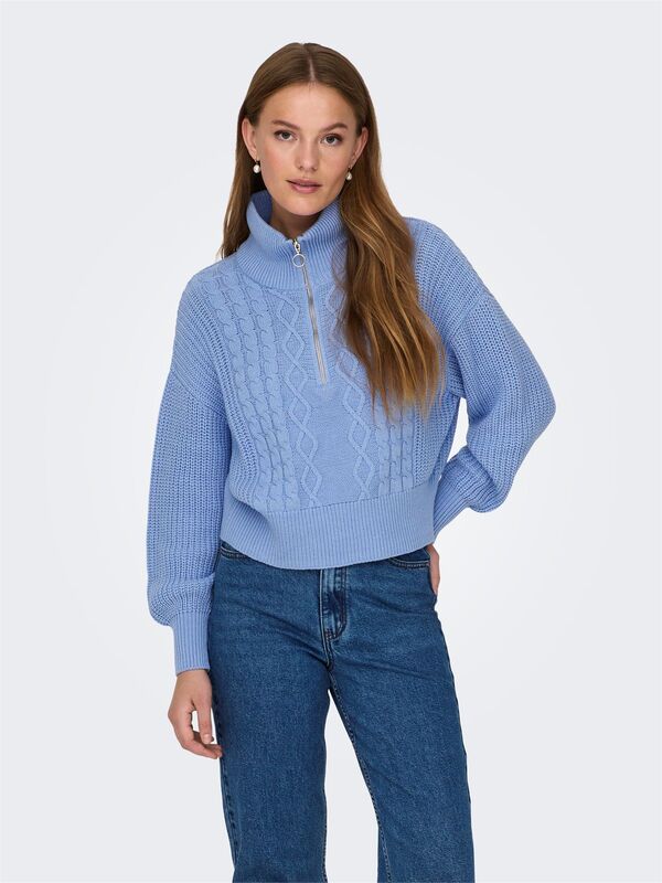 Only - ONLDORITTA LS CABLE ZIP HIG NECK KNT Kadın Mavi Kazak - 15306911