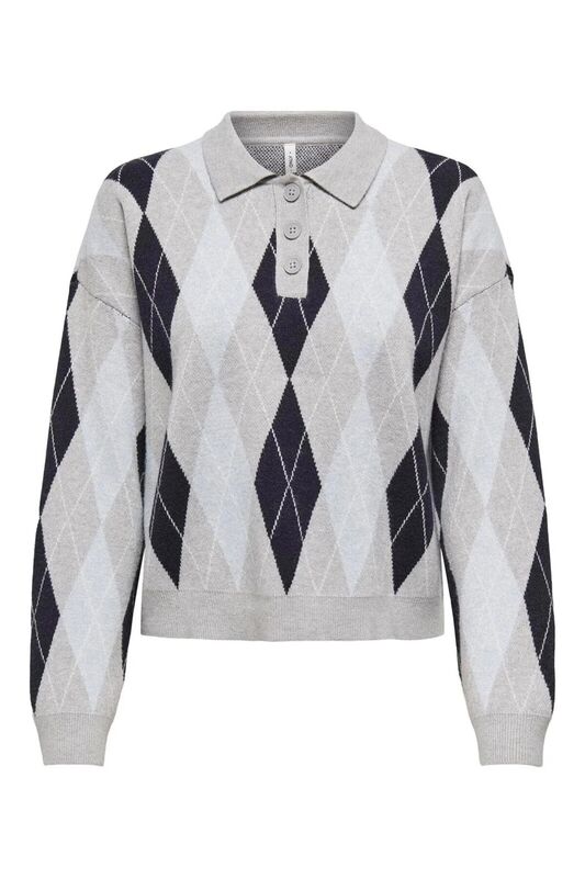 Only - ONLIBI LS CHECK POLO CC KNT Kadın Gri Kazak - 15360541