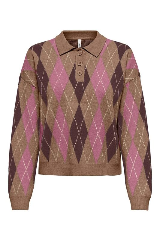 Only - ONLIBI LS CHECK POLO CC KNT Kadın Kahverengi Kazak - 15360541