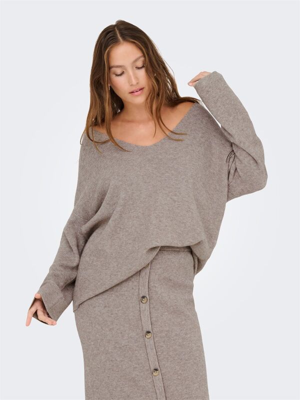 Only - ONLIBI LS RIB LOOSE V-NECK CC KNT Kadın Gray Kazak - 15351121
