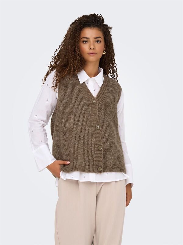 Only - ONLJANE SL V-NECK BUTTON VEST KNT Kadın Kahverengi Yelek - 4815340