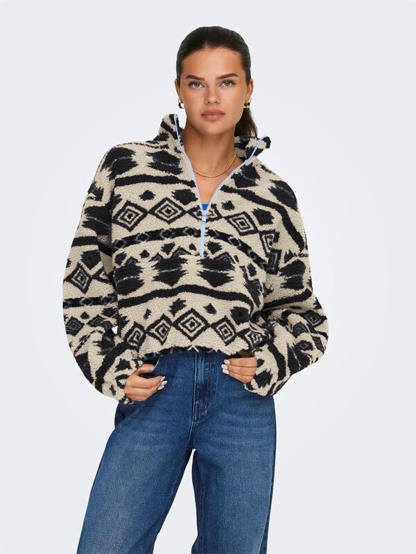 Only - ONLJANNE LIFE AZTEC TEDDY L/S ZIP CC SWT Kadın Gri Sweatshirt - 15267415