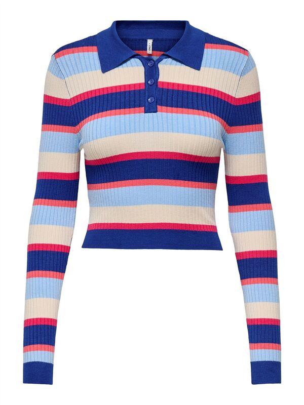ONLKAROL LS CROP RIB BUTTON POLO CC KNT Kadın Mavi Kazak - O15340979
