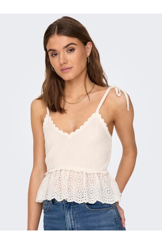 ONLKRISTIN SL SHORT WOVEN MIX TOP KNT Kadın Beyaz Kazak - 15287340