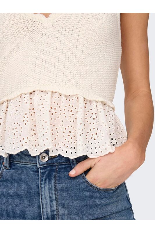 ONLKRISTIN SL SHORT WOVEN MIX TOP KNT Kadın Beyaz Kazak - 15287340