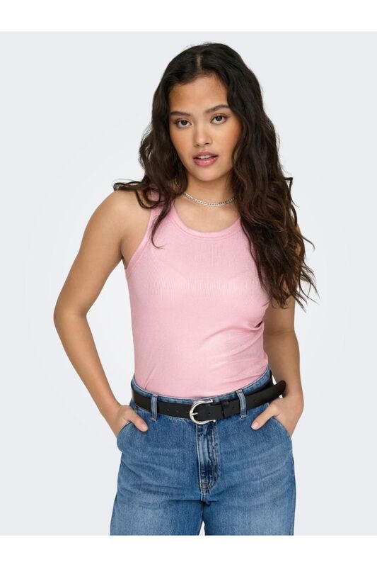 ONLSOL LIFE S/L GLITTER RIB TOP JRS Kadın Candy Pink T-Shirt - 15325270