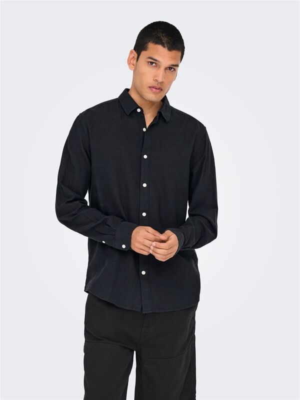 Only & Sons - ONSCAIDEN LIFE LS SOLID LINEN SHIRT NOOS Erkek Siyah Gömlek - 22012321