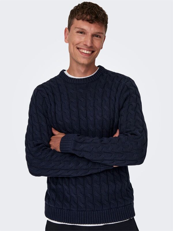 ONSKICKER LIFE REG 3 CABLE CREW KNIT Erkek Mavi Kazak - 22026504