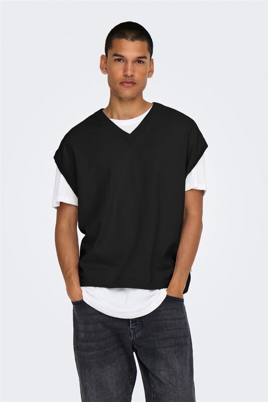 Only & Sons - ONSLUSIM LIFE RLX 12 V-NECK VEST KNIT Erkek Siyah Yelek - 22030784