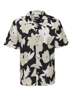 Only & Sons - ONSTREV REG CTN LIN AOP SS SHIRT NOOS Erkek Siyah KK Gömlek - 22025125