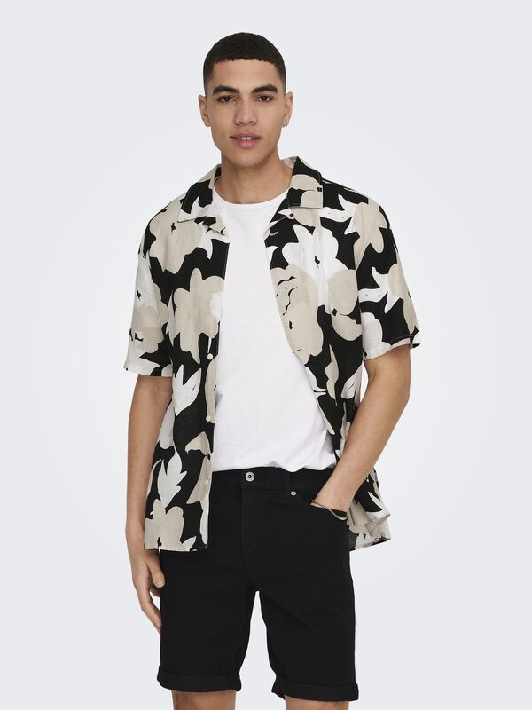 Only & Sons - ONSTREV REG CTN LIN AOP SS SHIRT NOOS Erkek Siyah KK Gömlek - 22025125