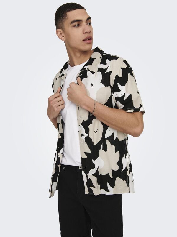 ONSTREV REG CTN LIN AOP SS SHIRT NOOS Erkek Siyah KK Gömlek - 22025125