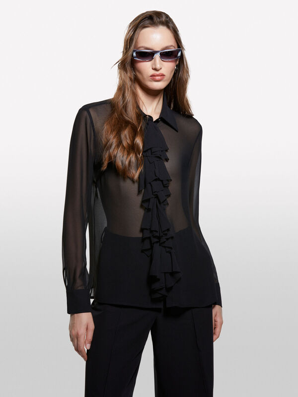 Önü Fırfır Detaylı Regular Fit Gömlek Kadın Siyah Gömlek - 325A5NOXLQ09T