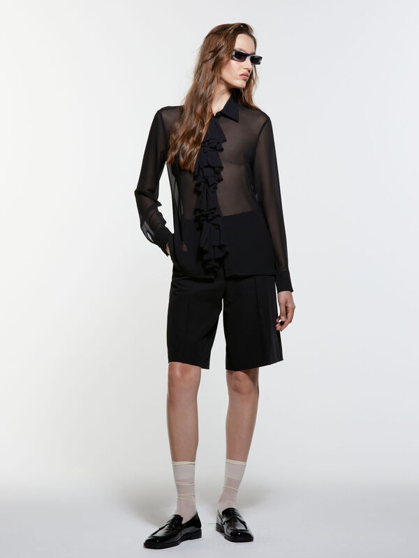 Önü Fırfır Detaylı Regular Fit Gömlek Kadın Siyah Gömlek - 325A5NOXLQ09T