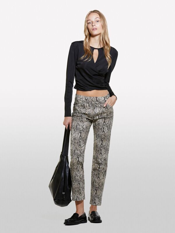 Pamuk Karışımlı 5 Cepli Baskılı Slim Fit Bilek Boy Pantolon Kadın Gri Desenli Pantolon - 324A4ZJSLE03S