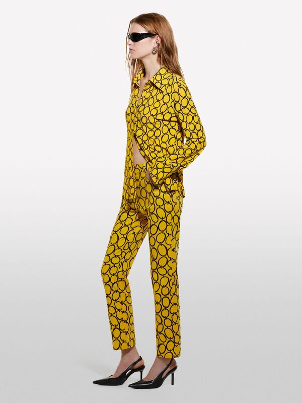 Sisley - Pamuk Karışımlı 5 Cepli Baskılı Slim Fit Bilek Boy Pantolon Kadın Hardal Sarısı Mix Pantolon - 324A4ZJSLE03S