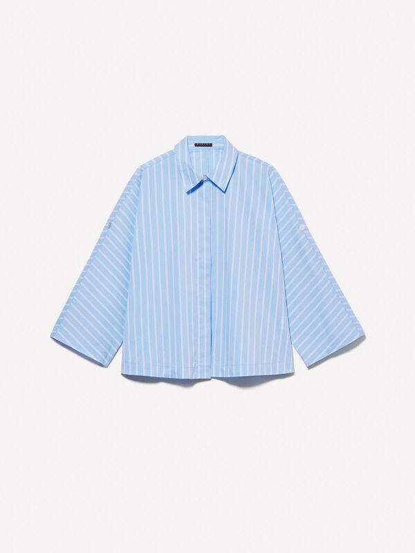 Pamuk Karışımlı Çizgili Kol Katlamalı Oversize Poplin Gömlek Kadın Renkli Gömlek - 325P57ZBLQ09C