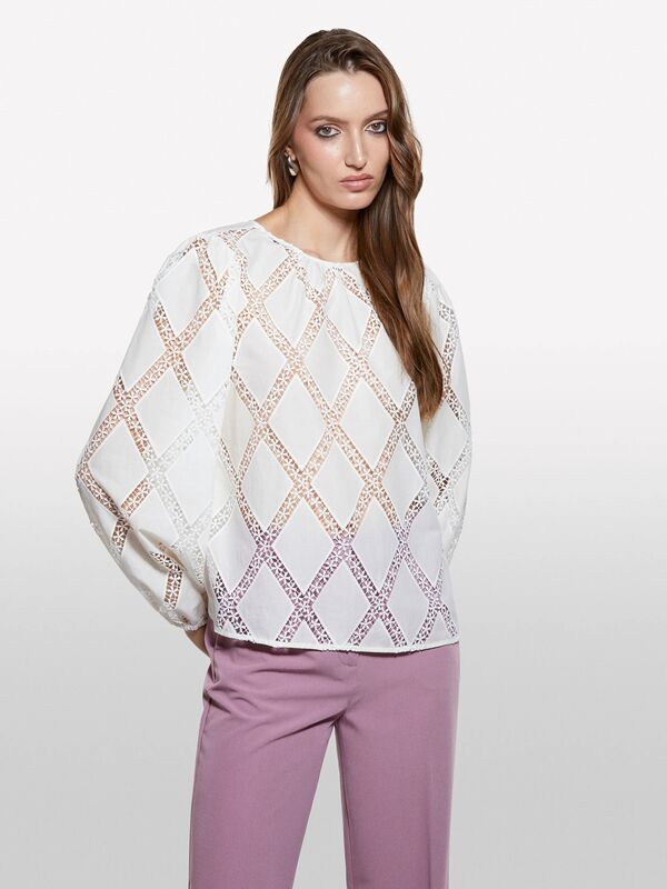 Pamuk Karışımlı Desenli Balon Kol Oversize Bluz Kadın Krem Bluz - 325A5WTKLQ09X