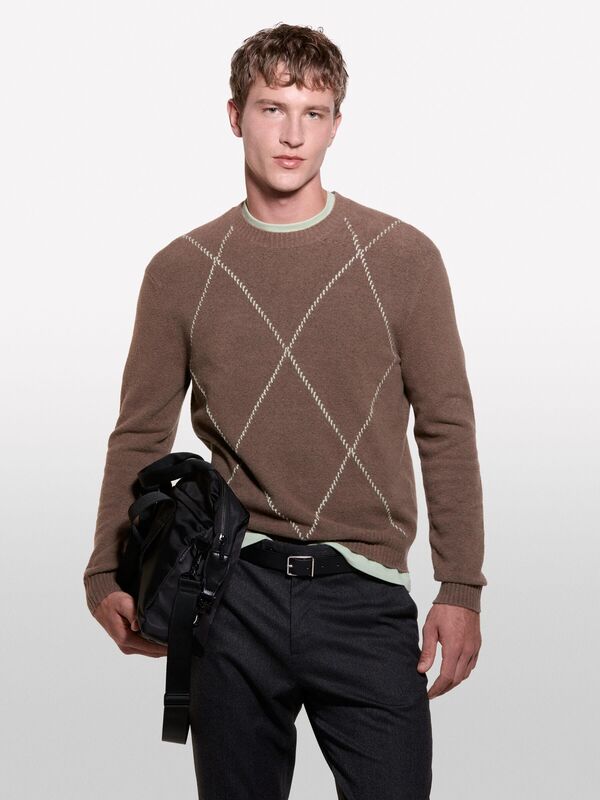 Pamuk Karışımlı Geniş Baklava Desenli Bisiklet Yaka Kazak Erkek Mavi Kazak - 324A1QPST103W