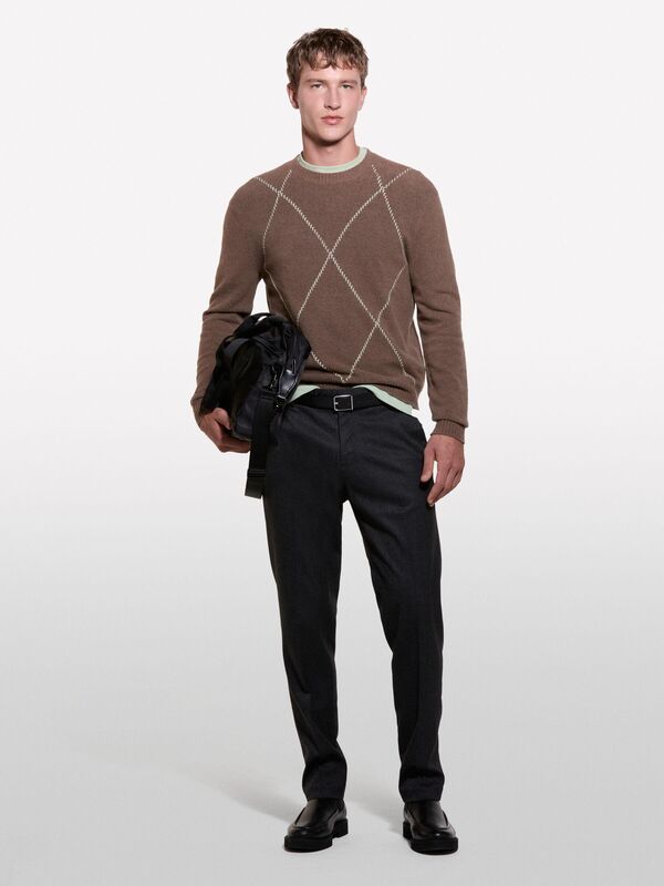 Pamuk Karışımlı Geniş Baklava Desenli Bisiklet Yaka Kazak Erkek Mavi Kazak - 324A1QPST103W