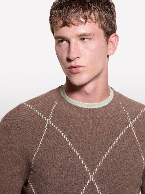 Pamuk Karışımlı Geniş Baklava Desenli Bisiklet Yaka Kazak Erkek Mavi Kazak - 324A1QPST103W