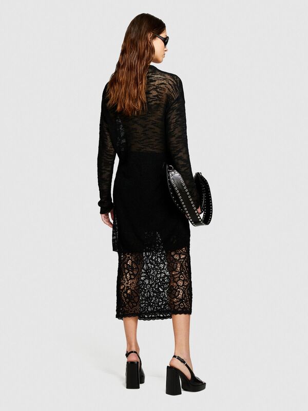 Pamuk Karışımlı İki Dokulu Yanları Yırtmaçlı Midi Kalem Etek Kadın Siyah Etek - 324P41BLL0022