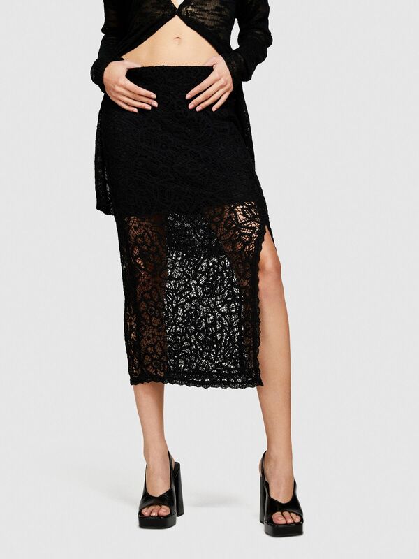 Pamuk Karışımlı İki Dokulu Yanları Yırtmaçlı Midi Kalem Etek Kadın Siyah Etek - 324P41BLL0022