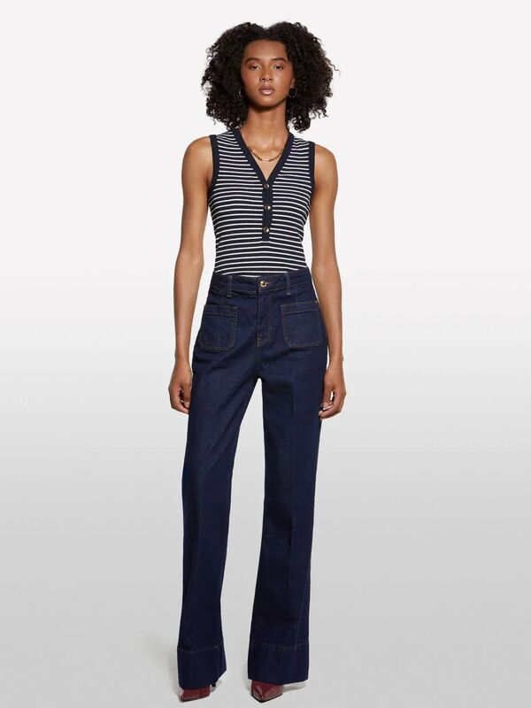 Sisley - Pamuk Karışımlı Önü Yama Cepli Bol Paça Denim Pantolon Kadın Açık Mavi Pantolon - 325A448QLF07G