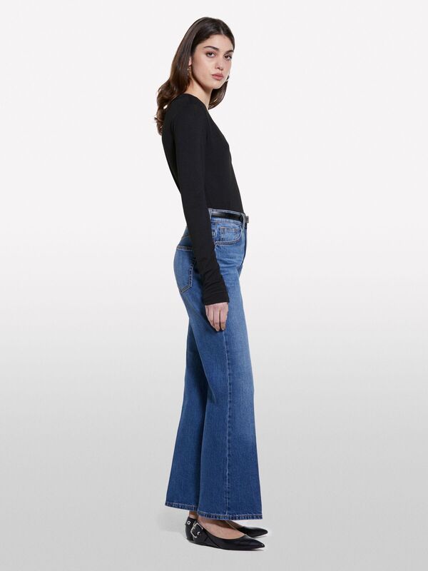 Pamuk Karışımlı Yüksek Bel İspanyol Paça Denim Pantolon Kadın Buz mavisi Denim Pantolon - 325P4MCPLE043