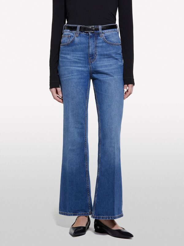 Sisley - Pamuk Karışımlı Yüksek Bel İspanyol Paça Denim Pantolon Kadın Buz mavisi Denim Pantolon - 325P4MCPLE043