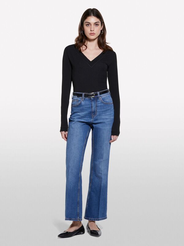 Pamuk Karışımlı Yüksek Bel İspanyol Paça Denim Pantolon Kadın Buz mavisi Denim Pantolon - 325P4MCPLE043