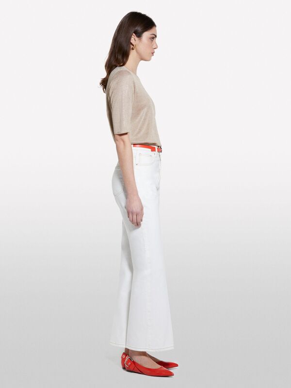 Sisley - Pamuk Karışımlı Yüksek Bel İspanyol Paça Denim Pantolon Kadın Krem Denim Pantolon - 325P4MCPLE043