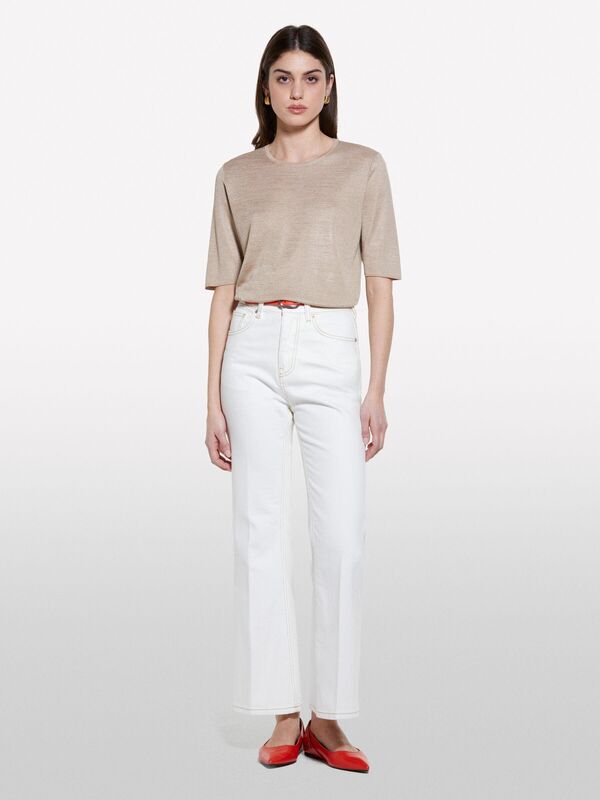 Pamuk Karışımlı Yüksek Bel İspanyol Paça Denim Pantolon Kadın Krem Denim Pantolon - 325P4MCPLE043