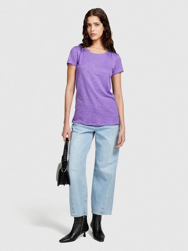 Sisley - Pamuk Modal Karışımlı Normal Kalıp Bisiklet Yaka T-Shirt Kadın 3M1 T-Shirt - 324P3TNHL11A2