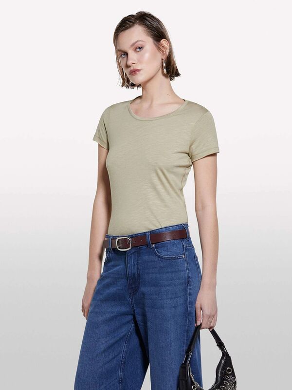 Pamuk Modal Karışımlı Normal Kalıp Bisiklet Yaka T-Shirt Kadın Kum Rengi T-Shirt - 325P3TNHL11A2